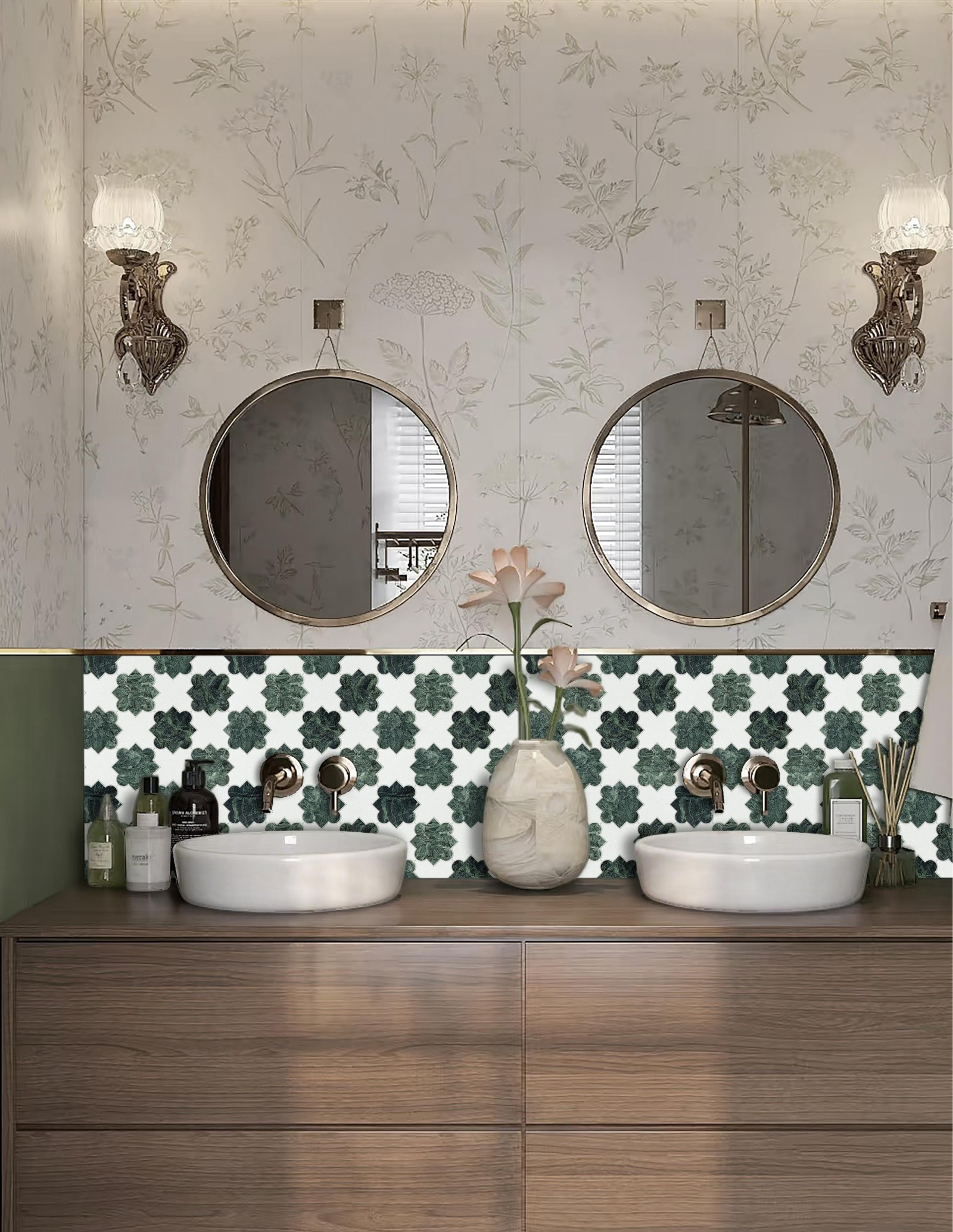 Maple mosaic bathroom vanity wall with twin mirrors