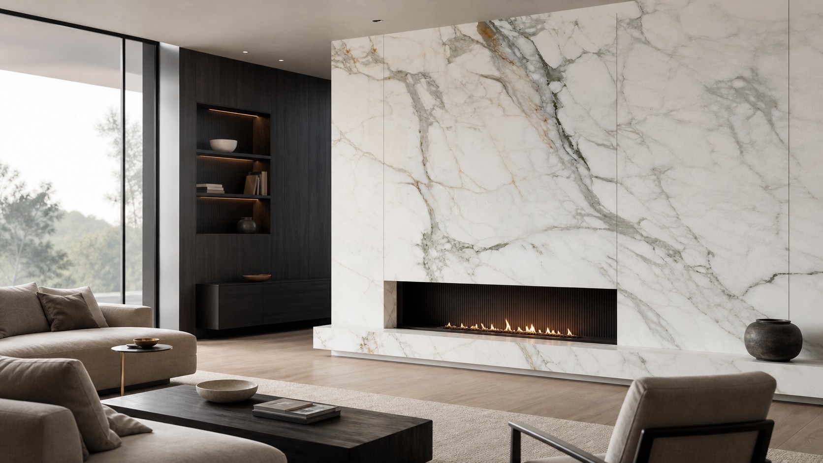 Contemporary living room with a Calacatta marble fireplace feature wall