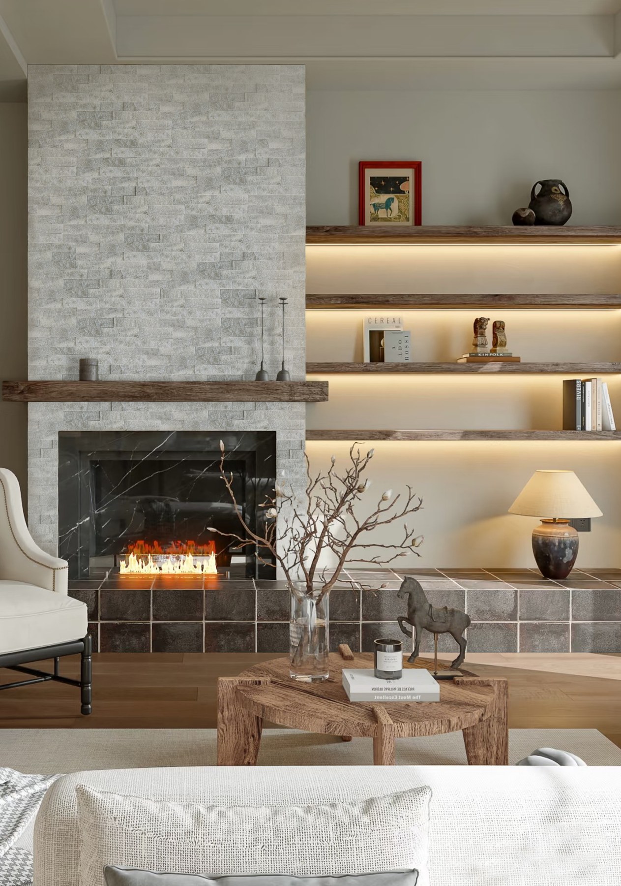 Natural stone fireplace wall with lounge seating