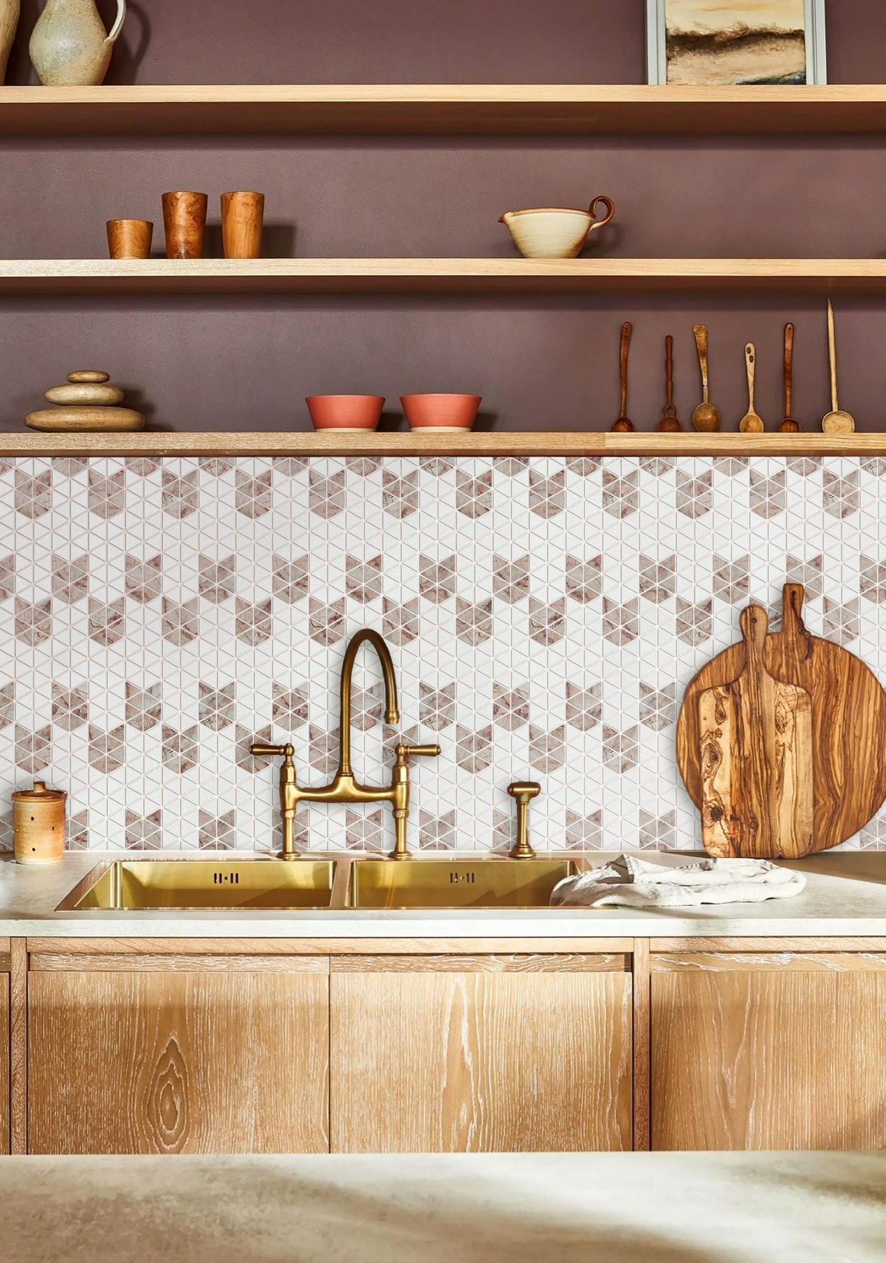 Warm kitchen mosaic backsplash with open shelving