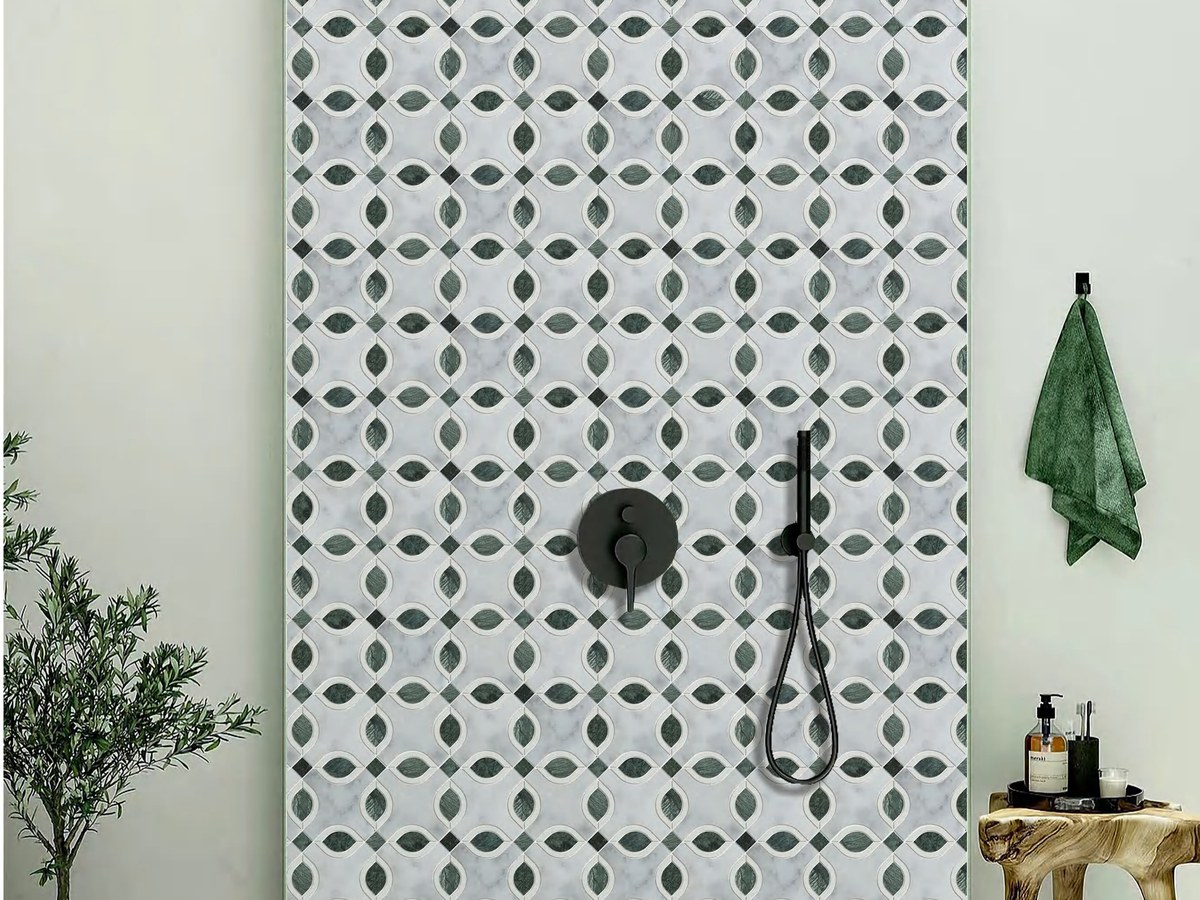 Natural stone mosaic outdoor shower wall