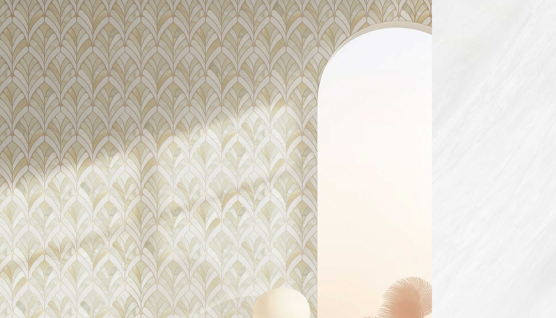 Soft marble mosaic wall with architectural arch detail