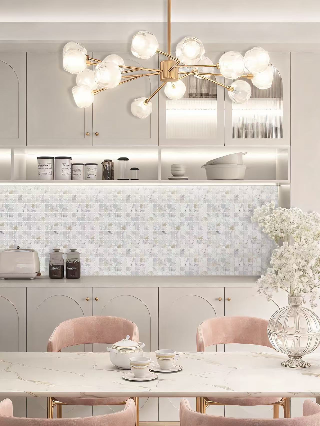 Calacatta mosaic backsplash application in a dining interior