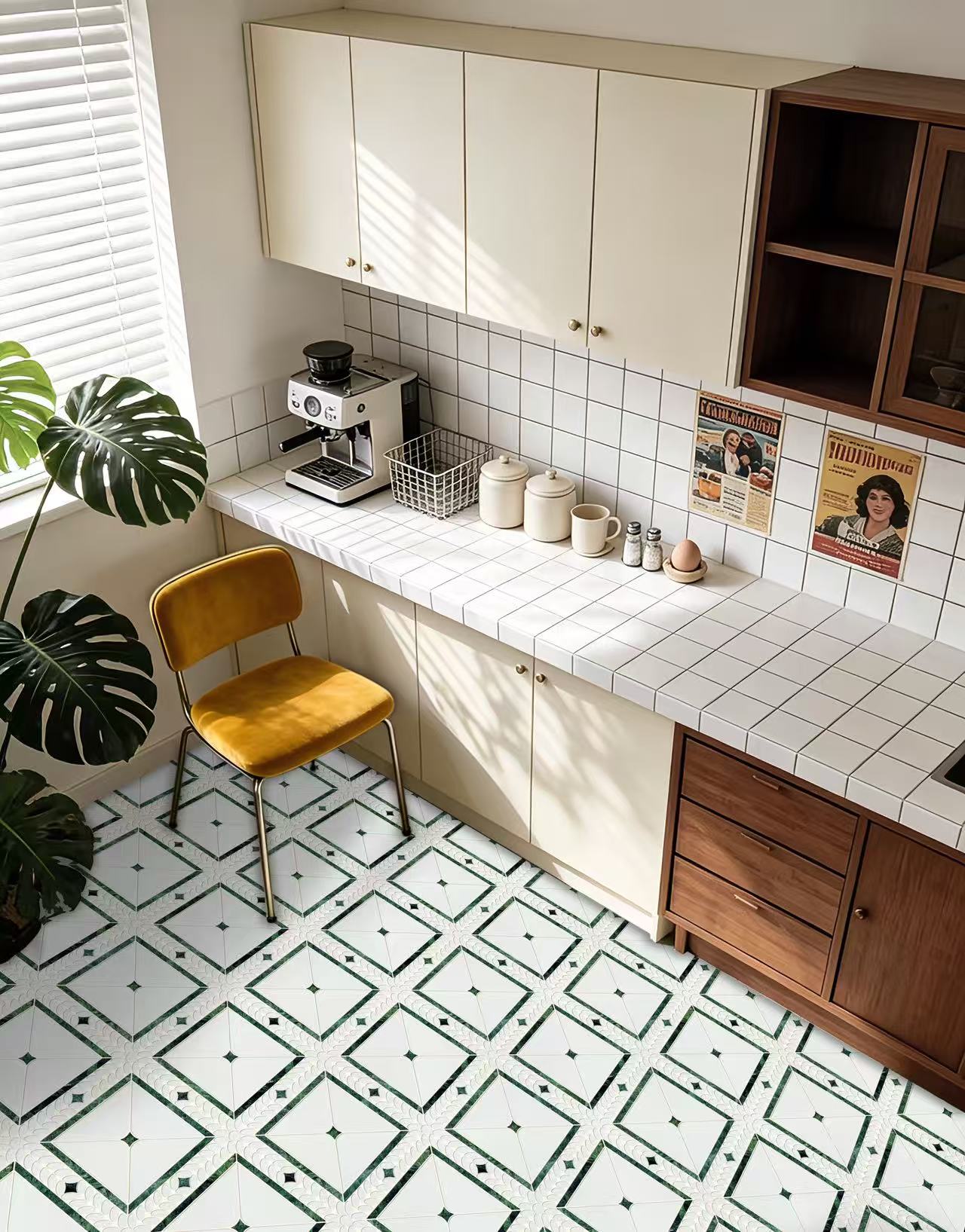 Prada Green geometric mosaic floor application in a kitchen