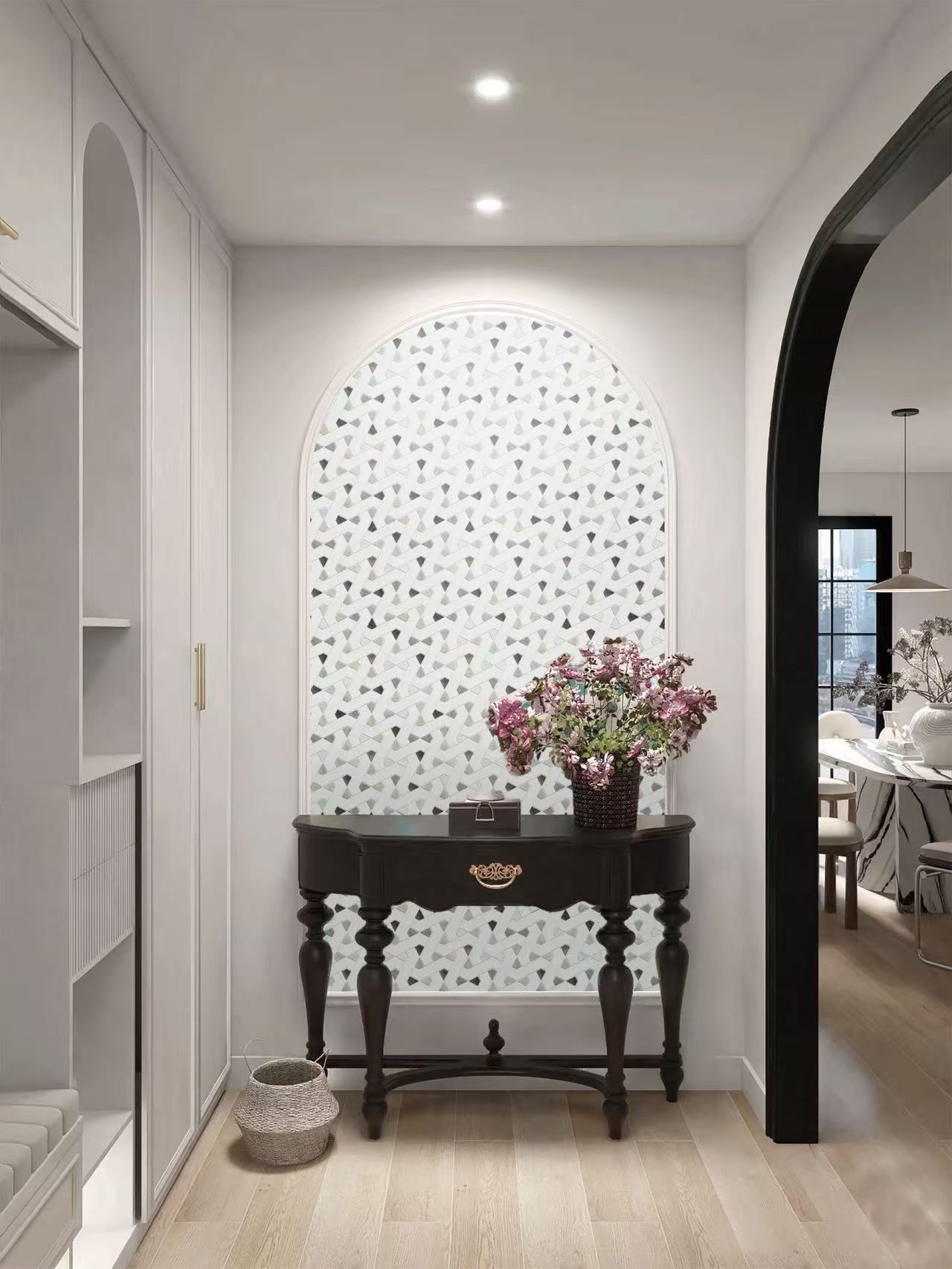 Volcanic mosaic feature wall application in an entry hall